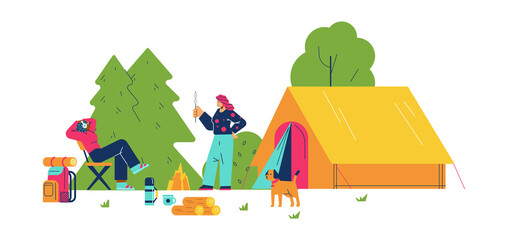 Glamping holiday comfortable outdoor vacation, flat vector illustration isolated.