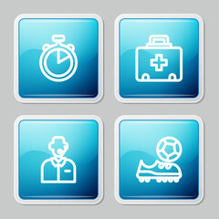 Set line Stopwatch, First aid kit, Football or soccer commentator and shoes icon. Vector