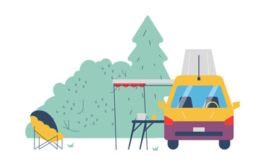Campsite or RV camping for outdoor recreation, flat vector illustration isolated.