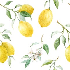 Beautiful seamless pattern with hand drawn watercolor yellow lemons and flowers. Stock illustration.