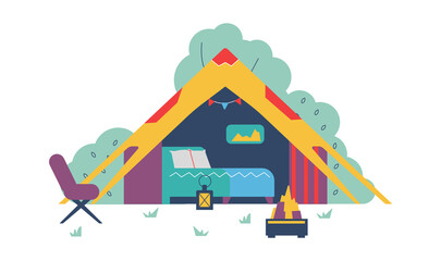 Cozy glamping tent with big bed, luxury tourism with amenities - flat vector illustration isolated on white background.