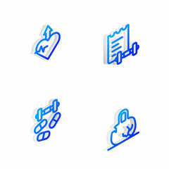 Set Isometric line Sport training program, Heartbeat increase, Sports doping with dumbbell and Broken weight icon. Vector