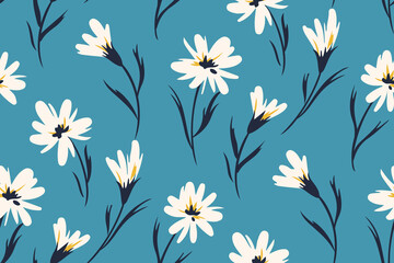 Image of Seamless pattern, cute ditsy print with spring flower arrangement on a blue background. Romantic botanical background with pretty hand drawn plants, white wild flowers, leaves. Vector illustration. printed on Printed Glass Basin Splashbacks