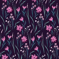 Seamless floral pattern with romantic flower meadow, wild plants on purple field. Feminine botanical background, elegant ditsy print with small pink flowers, herbs, leaves. Vector.