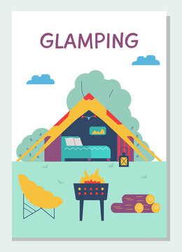 Glamping poster template with comfortable tent with bed inside, flat vector illustration.