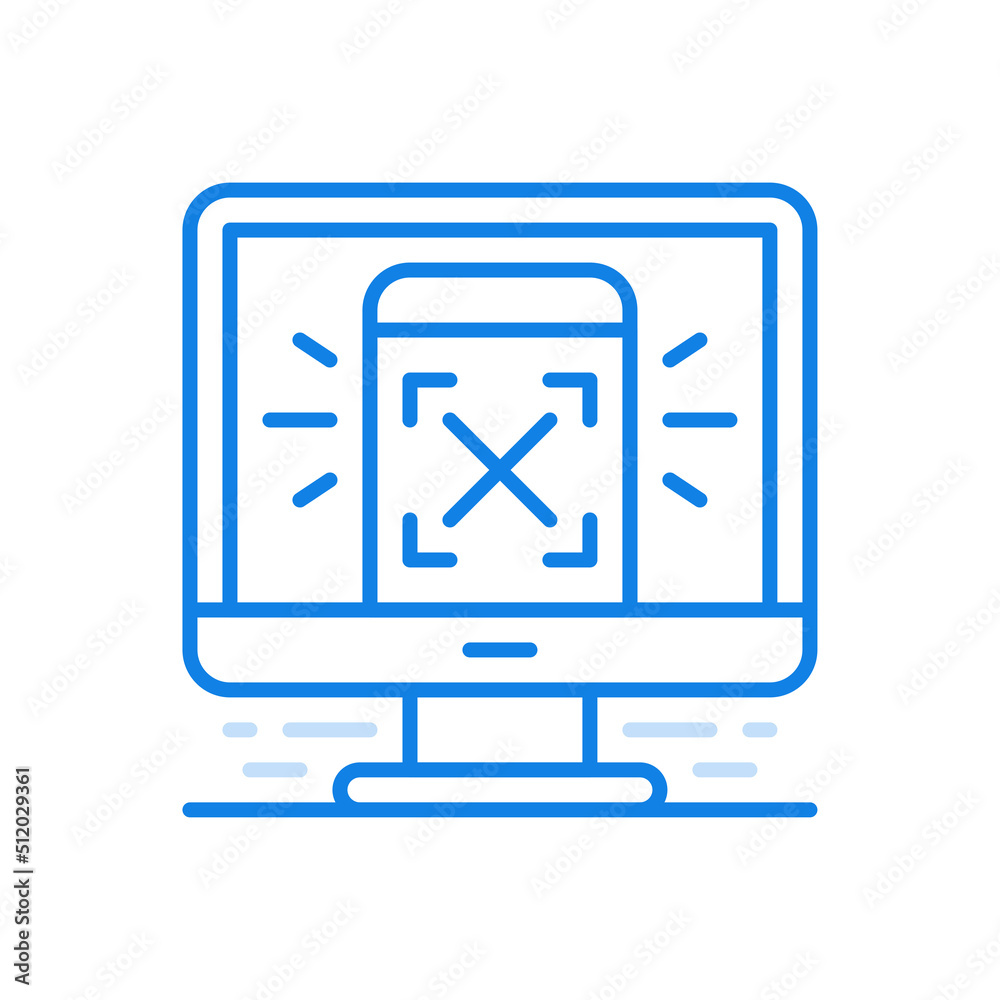 Poster online smart device authorization vector line icon. smartphone on monitor screen with sight brackets