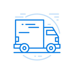 Fast delivery vector line icon. Mail truck is driving along road.