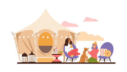 Friends with dog relaxing on the campside or glamping, flat vector illustration isolated on white background.