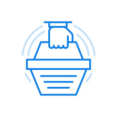 Hand holds basket vector line icon. Retail sales and shopping in shops and supermarkets.