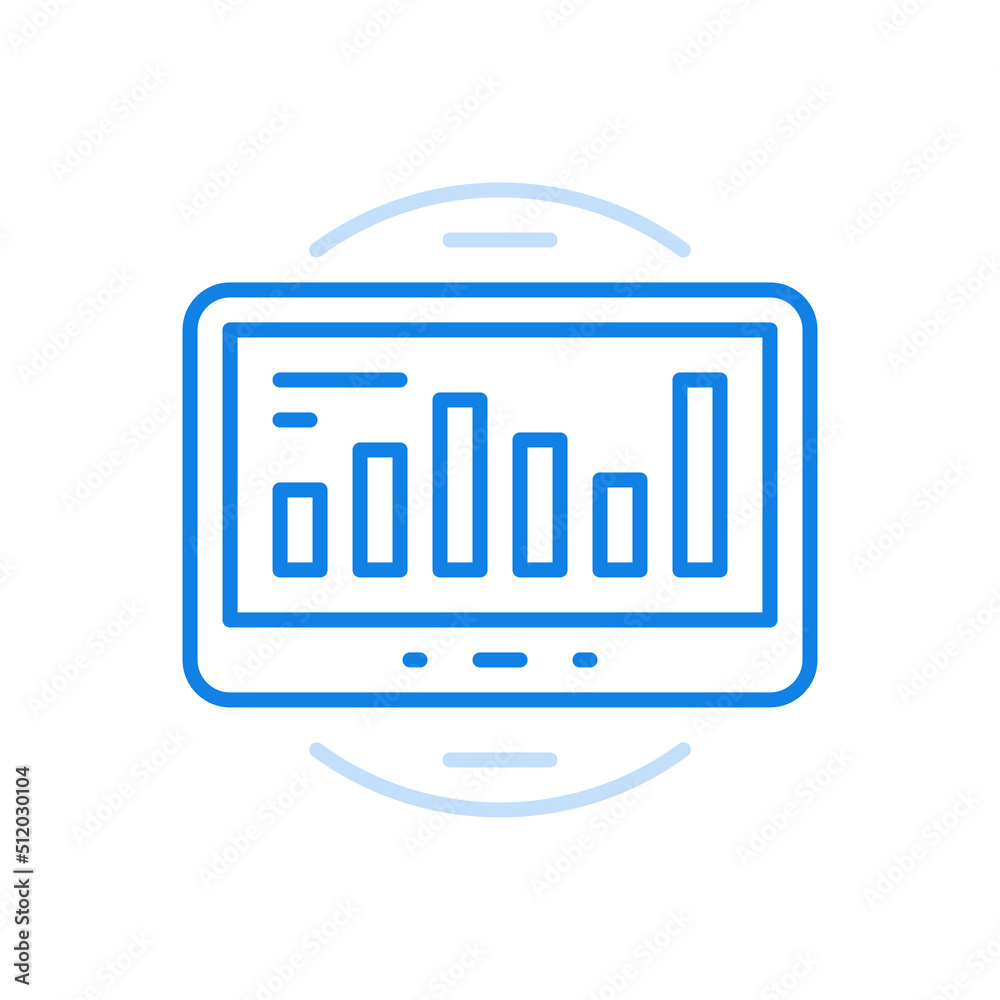 Poster web statistics vector line icon. screen with infographic progress bars.