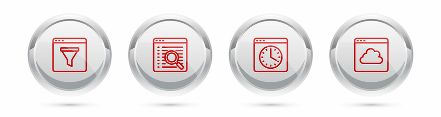 Set line Browser window, Search engine, and Cloud technology data transfer. Silver circle button. Vector