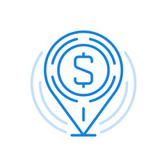 Location of financial aid vector line icon. Teardrop web navigation sign with money symbol in center.