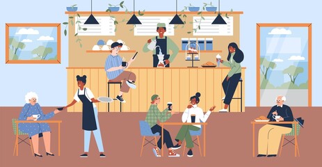 Obraz na płótnie Canvas Diverse people relaxing in modern coffee shop or cafe, cozy interior, flat vector illustration.