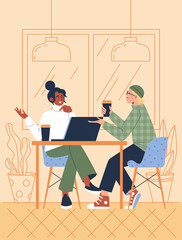 Couple or friends chatting in coffee shop or cafe, flat vector illustration.