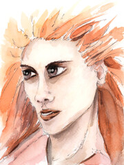 Expressive woman portrait. Graphite pencil and watercolor on paper.