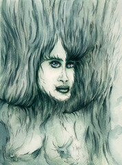 Fantasy woman portrait. Watercolor on paper.