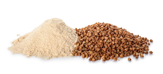 Heap of flour and buckwheat grains on white background