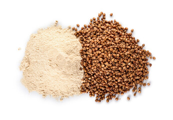 Heap of flour and buckwheat grains on white background