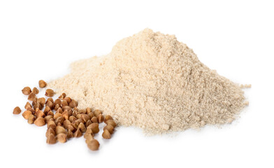 Heap of flour and buckwheat grains on white background