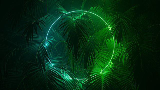 Fototapeta Tropical Plants Illuminated with Green and Blue Fluorescent Light. Jungle Environment with Circle shaped Neon Frame.