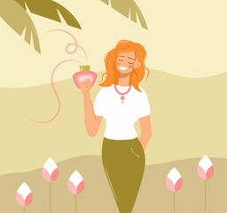 A beautiful girl is holding a bottle of cosmetic cream or perfume. Template for banner, cover, poster in flat style. Pretty woman shows natural care products. Vector illustration design.