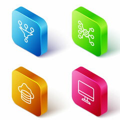 Set Isometric line Funnel or filter, Neural network, Cloud database and Computer monitor icon. Vector