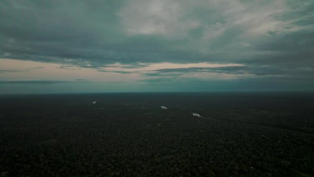 4k aerial drone shot of Amazon rain forest during night time. Moving Through Tropical Forest At Night
