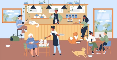 People eat together with pets in a cafe, flat illustrations on a white background.