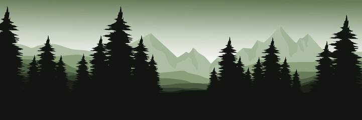 forest silhouette in landscape flat design vector illustration for background, wallpaper, background template, tourism, adventure and design template