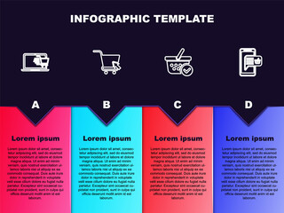 Set line Shopping cart on laptop, with cursor, basket check mark and Mobile and shopping. Business infographic template. Vector
