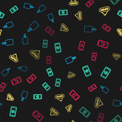 Set line Label template price tag, Mobile and shopping basket, Hanging sign with Open door and cart on seamless pattern. Vector