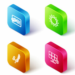 Set Isometric line Financial document, Sun, Signature and Solar energy panel icon. Vector