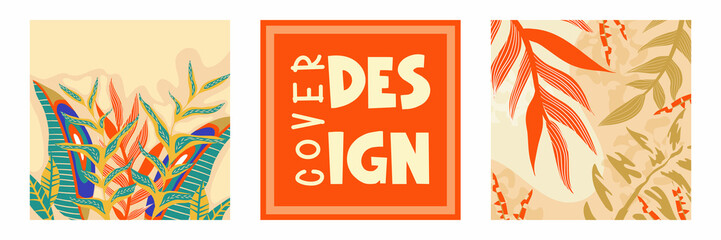 Trendy aestethic boho jungle set flyer. Abstract trendy exotic floral jungle background. Design template. Abstract nature background. Tropical foliage art cover vector.