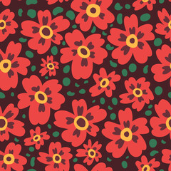 Fototapeta na wymiar Seamless vector floral pattern with abstract red poppies. Bright colorful texture with flowers for prints, fabrics and backgrounds. Surface design. Warm color palette. Hand drawn flat doodle illustrat