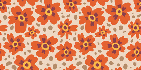 Seamless vector floral pattern with abstract red poppies. Bright colorful texture with flowers for prints, fabrics and backgrounds. Surface design. Warm color palette. Hand drawn flat doodle illustrat