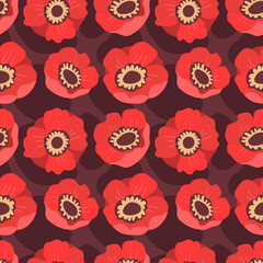 Fototapeta premium Seamless vector floral pattern with abstract red poppies. Bright colorful texture with flowers for prints, fabrics and backgrounds. Surface design. Warm color palette. Hand drawn flat doodle illustrat