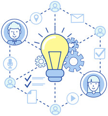 Brainstorming, sharing business ideas, collaborating concept. Little people thinking about new idea, job, plan. Virtual network cooperation, work with innovative technology, creative solution