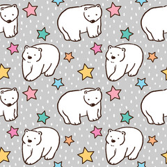 Seamless Pattern wth Hand Drawn White Bear and Star Design on Grey Background