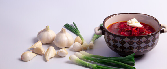 Ukrainian borsch. borscht with chasnyk and greens. national dish of ukraine
