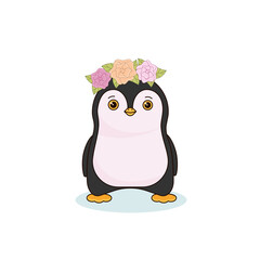 Cute little penguin with flowers. Children's vector illustration, character