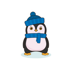 Cute little penguin in a hat and scarf. Children's vector illustration, character