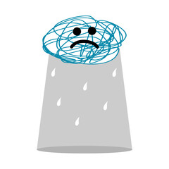 Blue cloud sad face depression with water drop rain flat vector icon design.