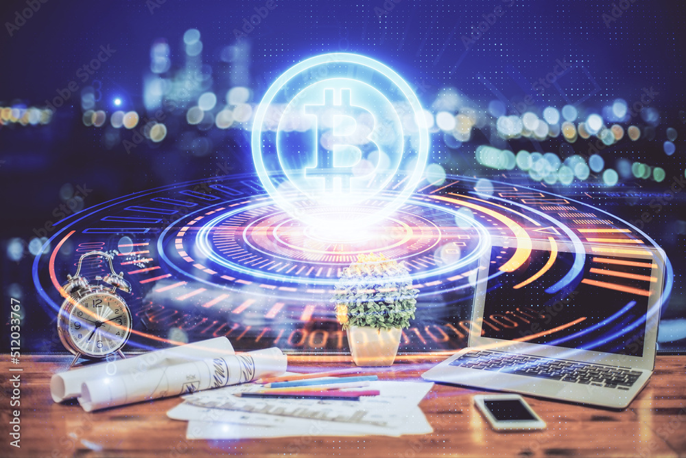 Aufkleber Double exposure of blockchain and crypto economy theme hologram and table with computer background. Concept of bitcoin cryptocurrency.