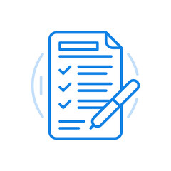 Filled test documentation vector line icon. Checklist questions and pen with answer boxes. - obrazy, fototapety, plakaty