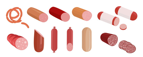 Set of multicolored sausages in a cartoon style. Vector illustration of delicious and appetizing sausages of different species.