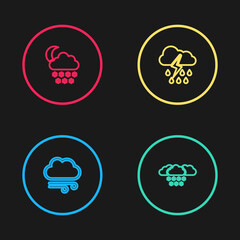 Set line Windy weather, Cloud with snow, rain and lightning and moon icon. Vector