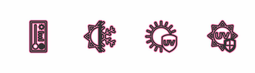 Set line Meteorology thermometer, UV protection, Sun and snowflake and icon. Vector