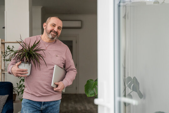 Businessman with dragon tree and laptop at work place