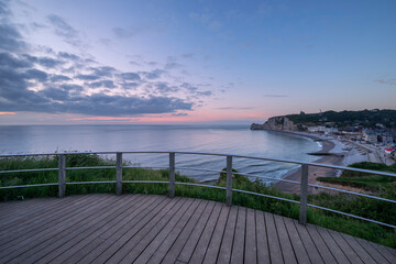 France, Seine-Maritime, Etretat, Observation deck overlooking Alabaster Coast at dawn