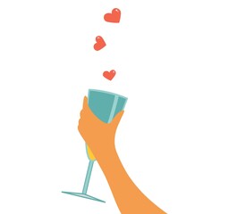 Isolated female hand holds a glass with drink, cocktail, juice, alcohol. Happy hour, greeting sign, party design, celebration with love. Colorful vector illustration in a minimalistic flat style.